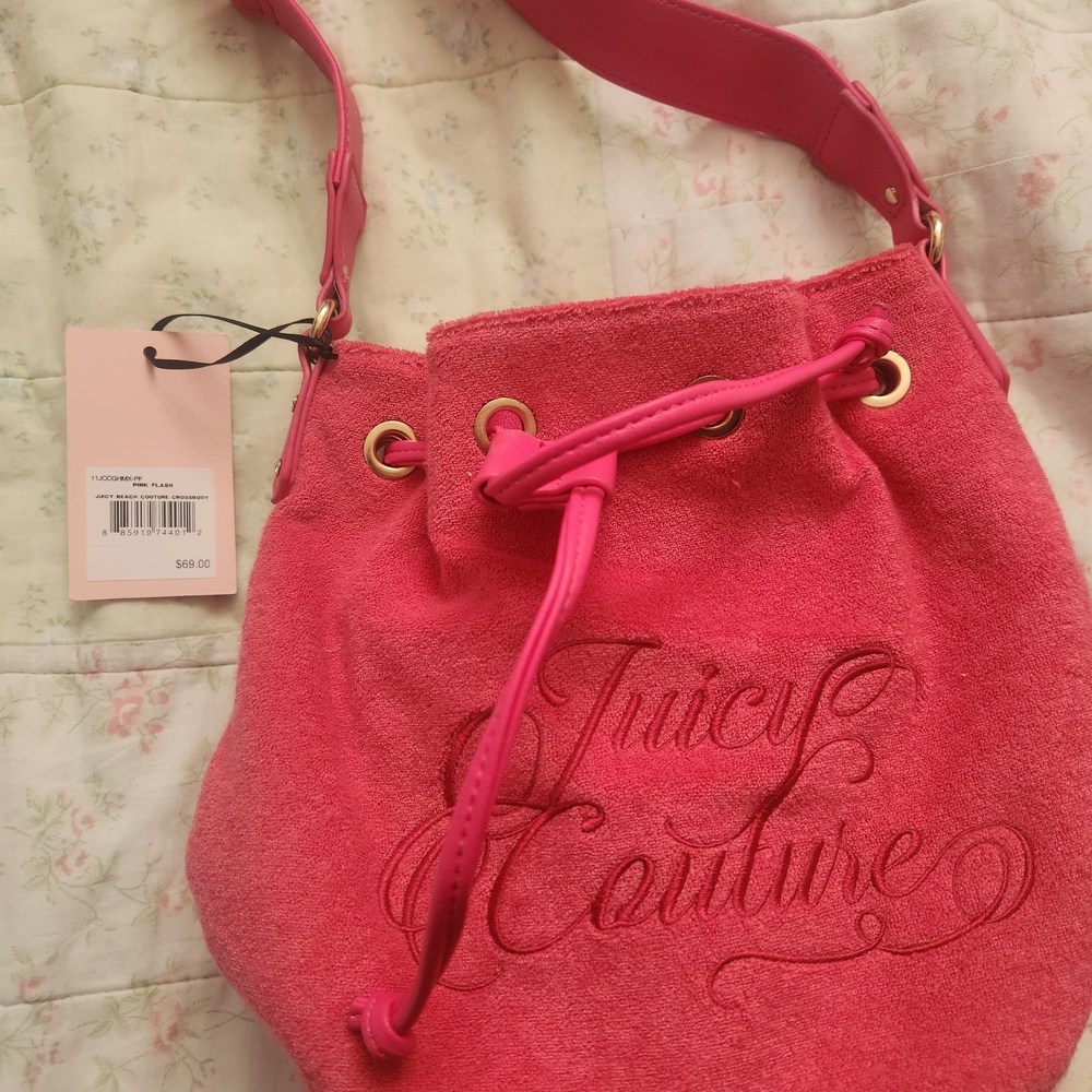 Juicy Couture Pink Terry Cloth Crossbody Bag with Drawstring